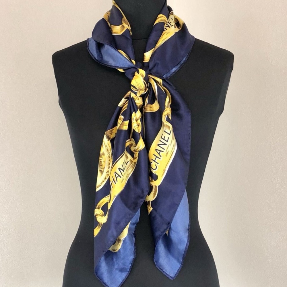 Vintage Chanel Elegant Blue and Gold Scarf